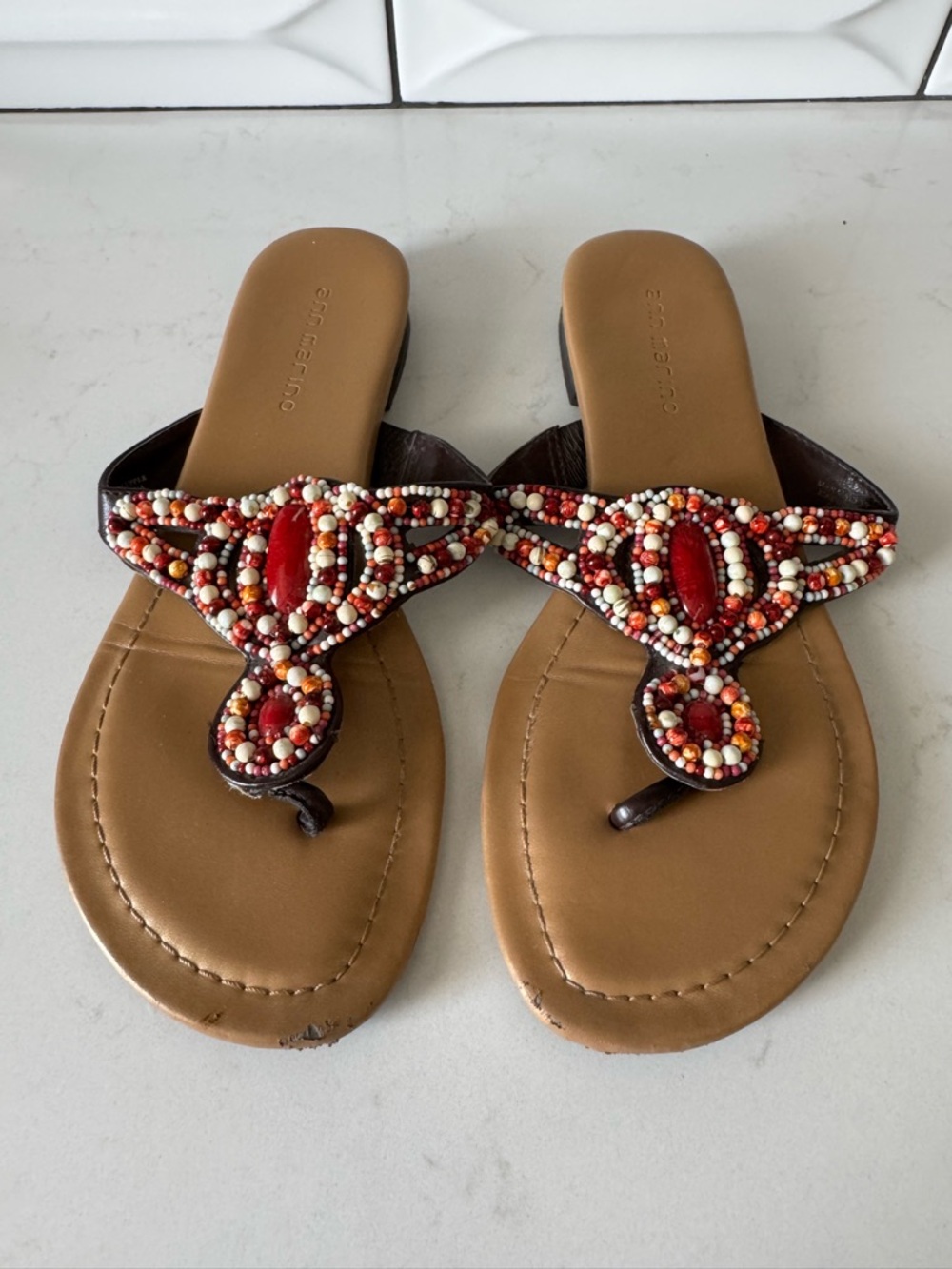 Beaded Thong Sandals with Red Accent - Women